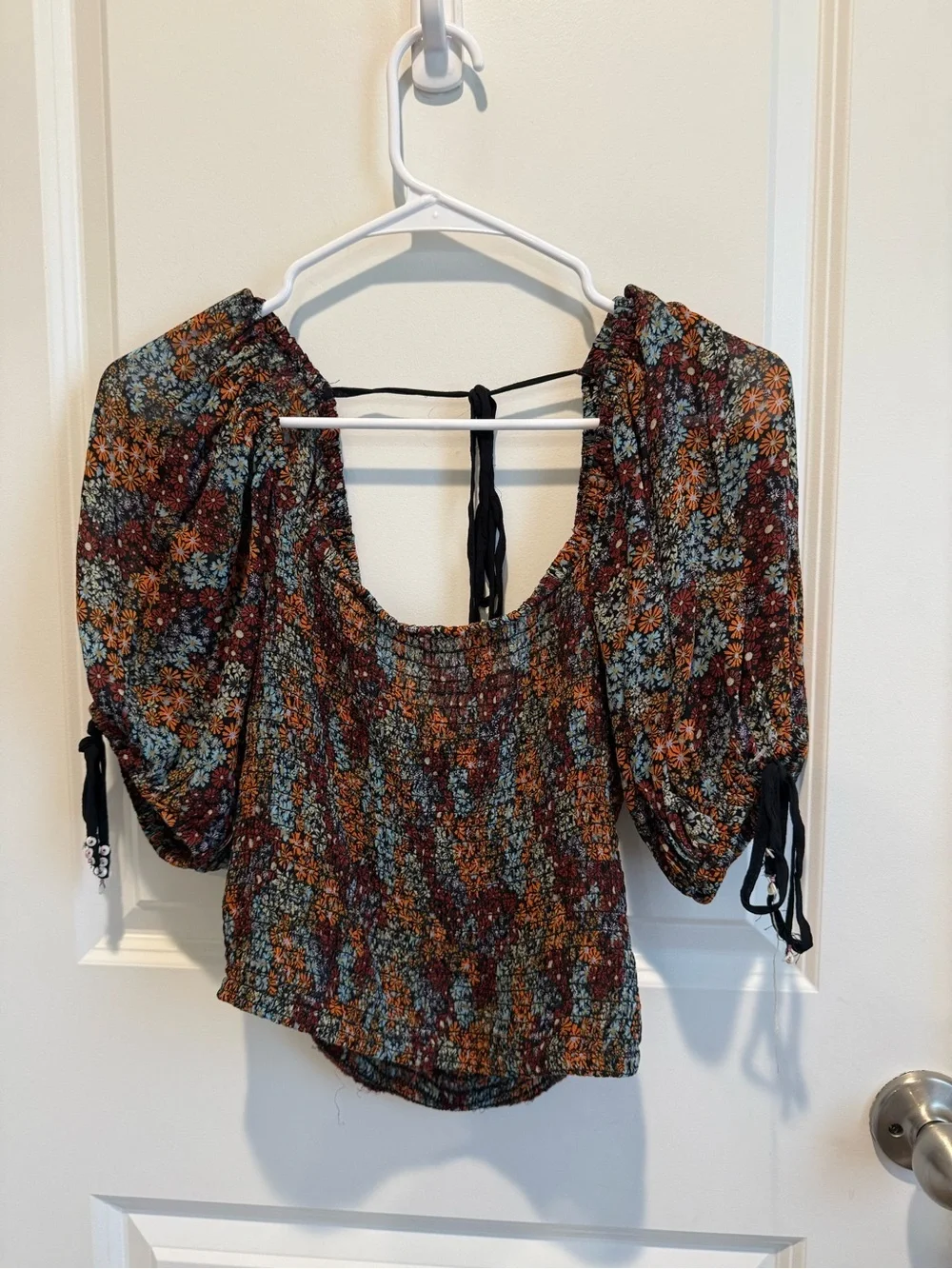 Free People Smocked Floral Peasant Blouse Top Boho Balloon Sleeve Size Small